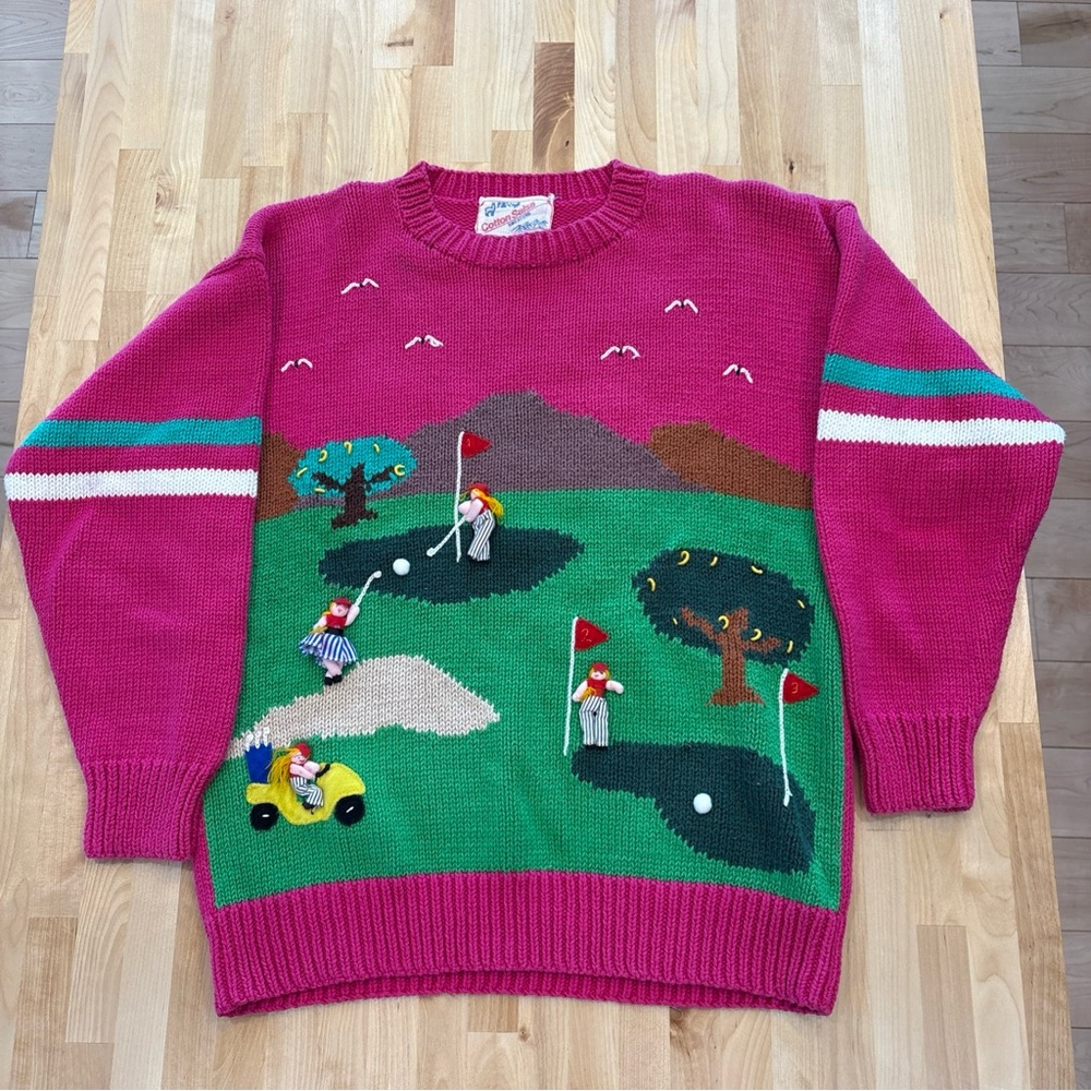 Vintage Cotton Salsa Hand Made In Peru Golf Sweater Medium Crew Neck Long Sleeve